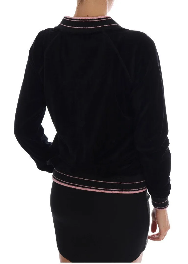Black Pink Velvet Zip Cardigan Sweater