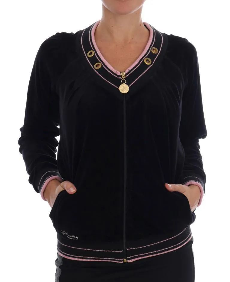 Black Pink Velvet Zip Cardigan Sweater
