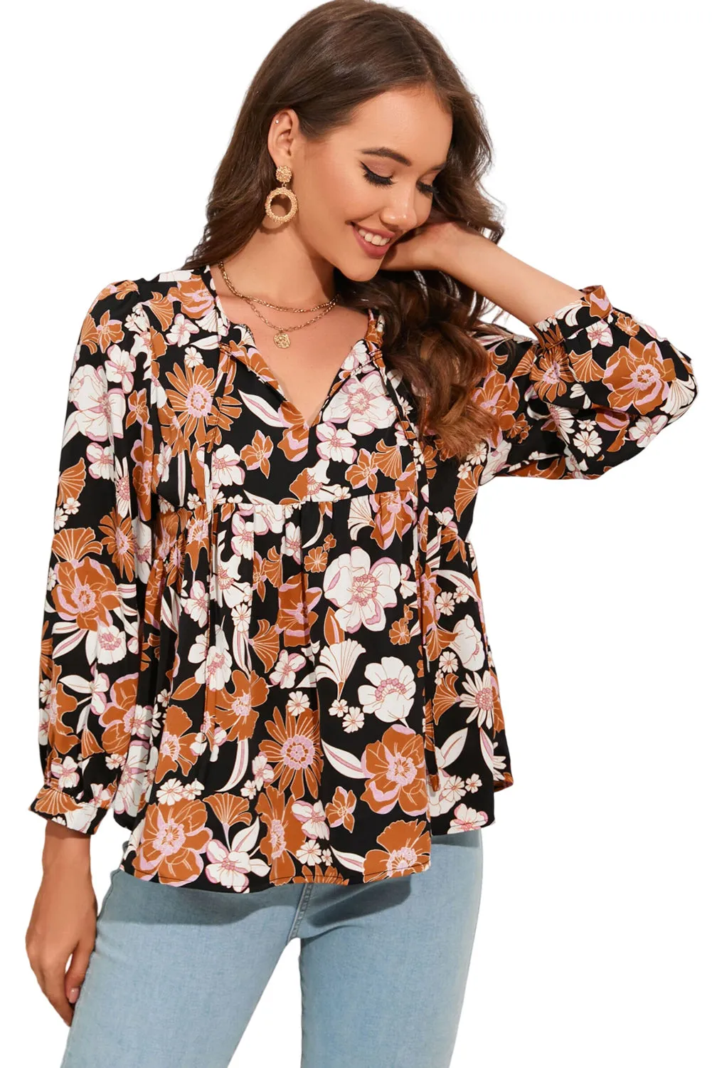 Bloemen Strik Hals Babydoll Blouse