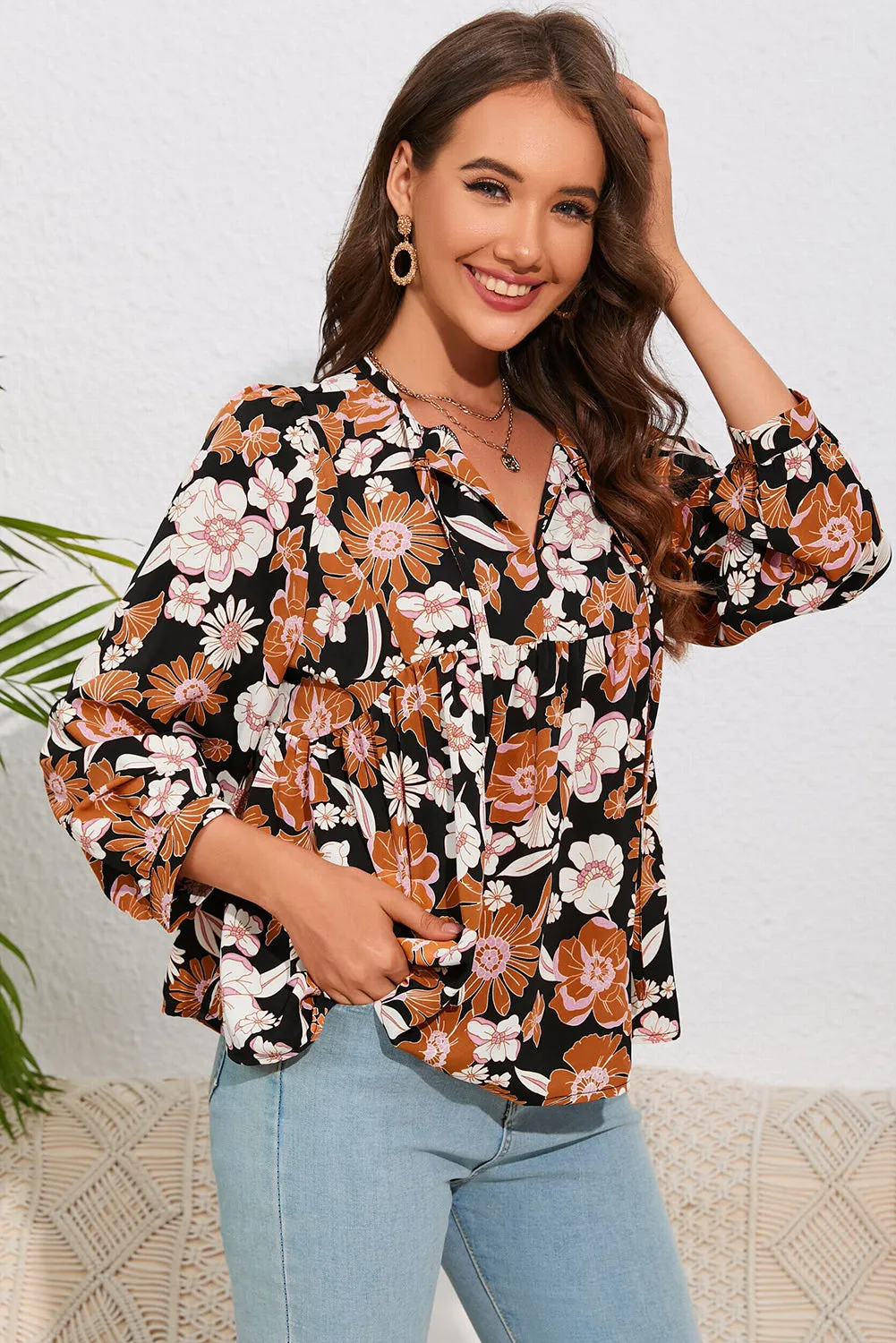Bloemen Strik Hals Babydoll Blouse