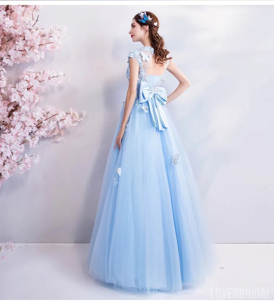 Blue A-line Short Sleeves Jewel Long Prom Dresses Online, Dance Dresses,12608