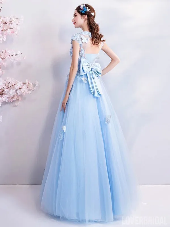 Blue A-line Short Sleeves Jewel Long Prom Dresses Online, Dance Dresses,12608