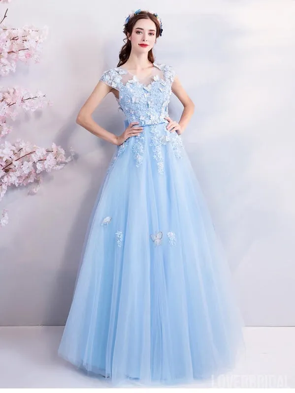 Blue A-line Short Sleeves Jewel Long Prom Dresses Online, Dance Dresses,12608