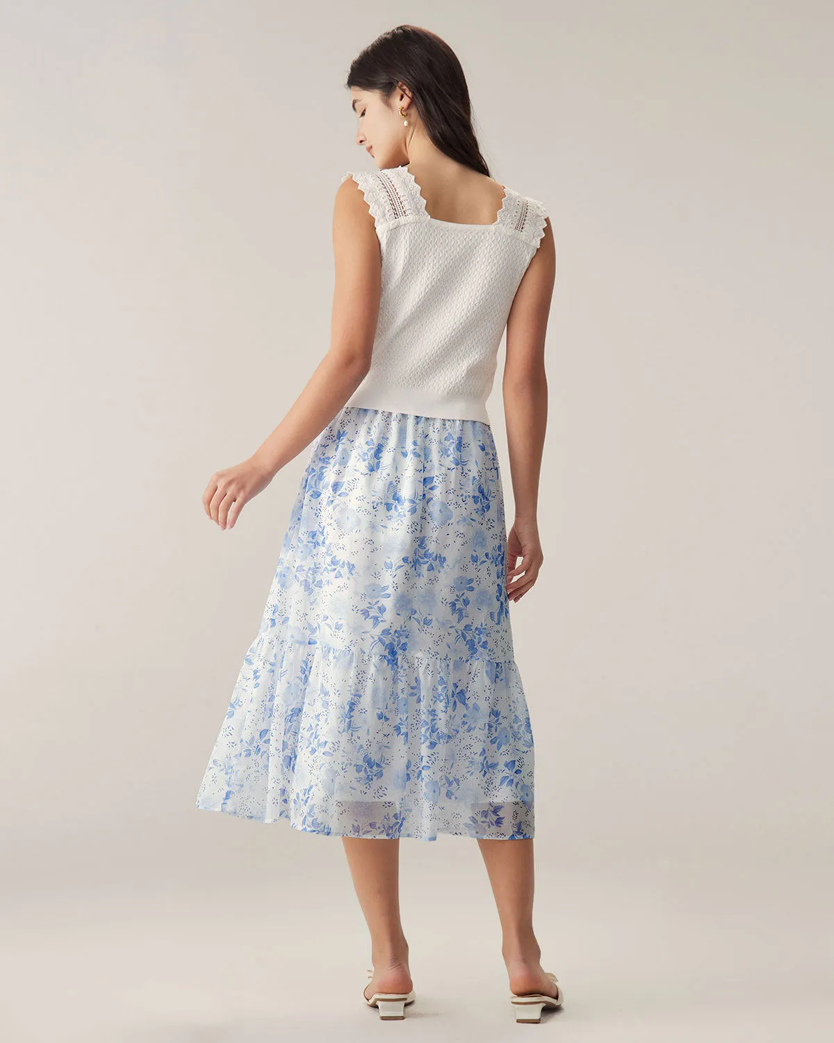 Blue Floral Flared Midi Skirt