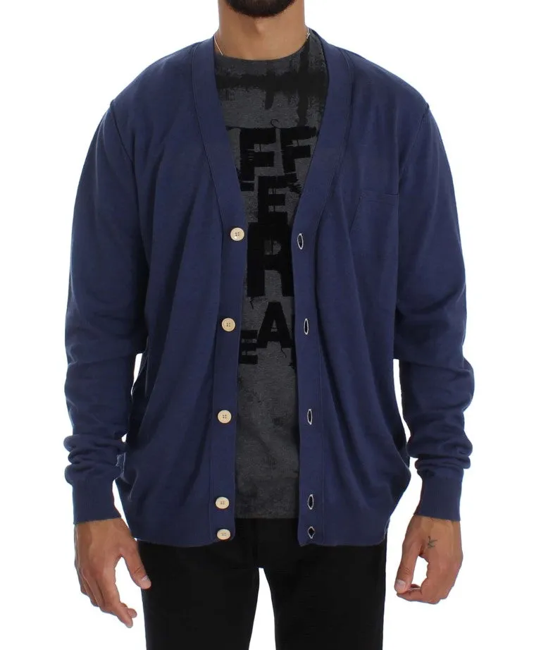 Blue Linen Cotton Full Button Cardigan Sweater