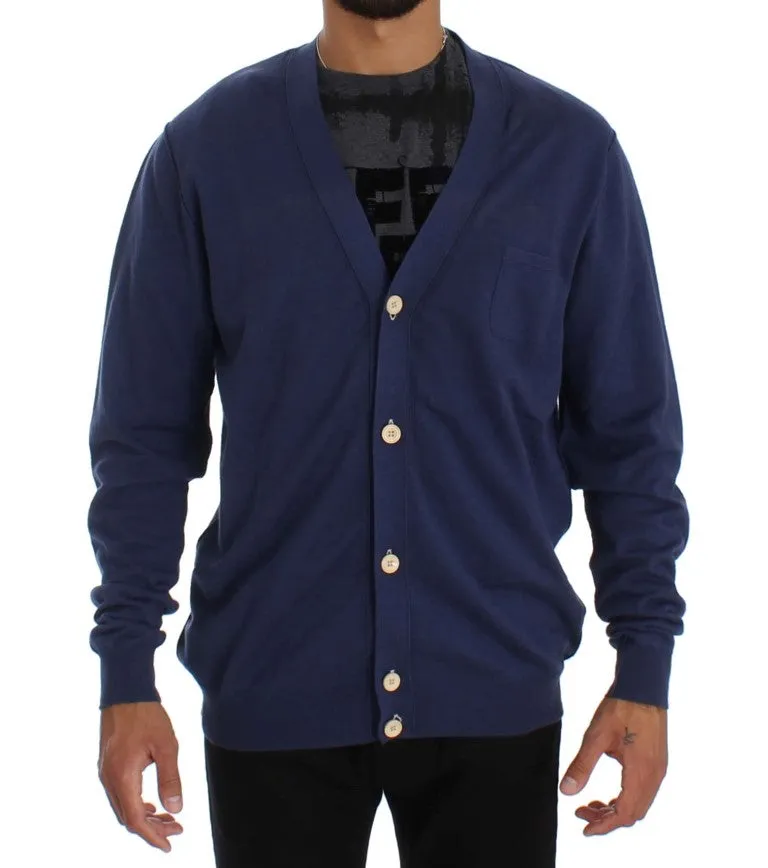 Blue Linen Cotton Full Button Cardigan Sweater