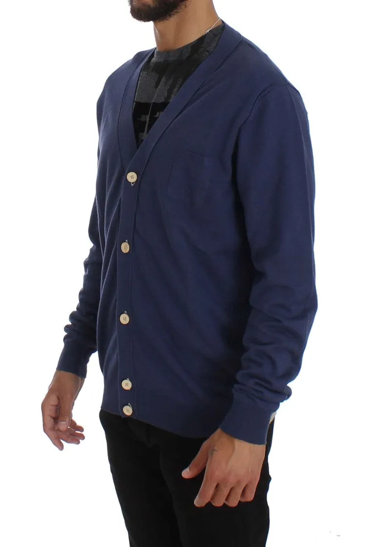 Blue Linen Cotton Full Button Cardigan Sweater