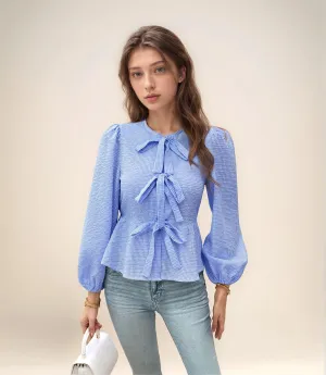 Blue Peplum Top With Front Bow Tie Up