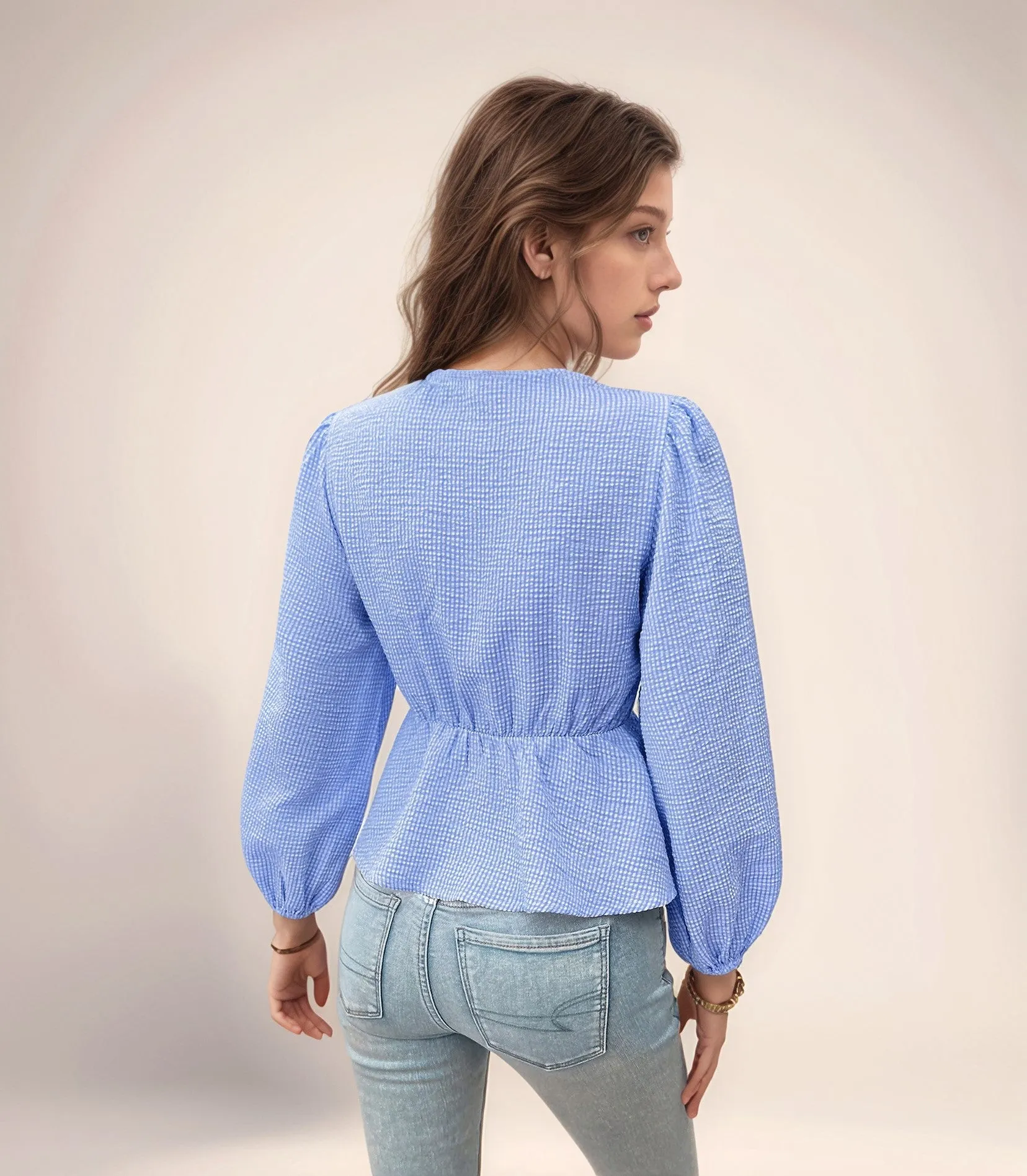Blue Peplum Top With Front Bow Tie Up