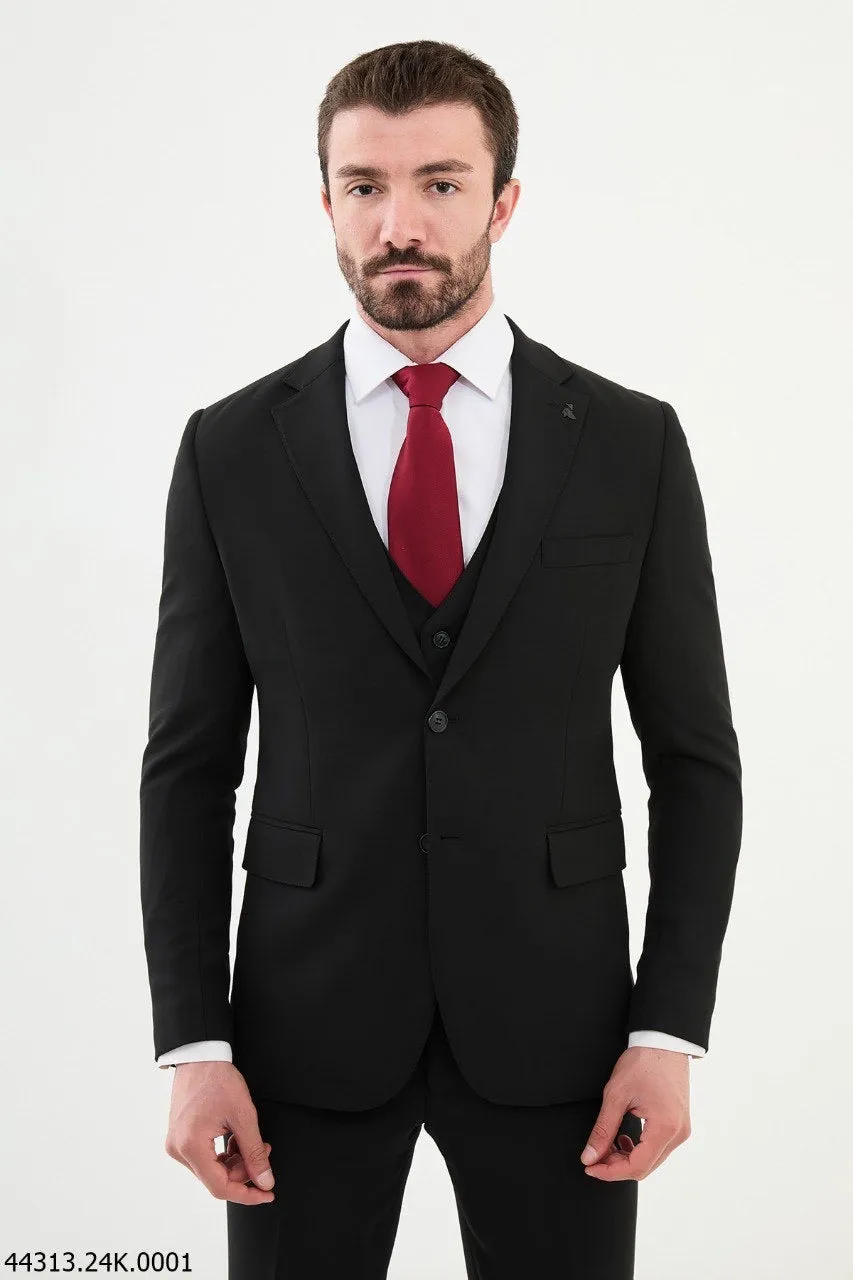 Brabion Diego Black Notch Lapel 3 Piece Wool Suit