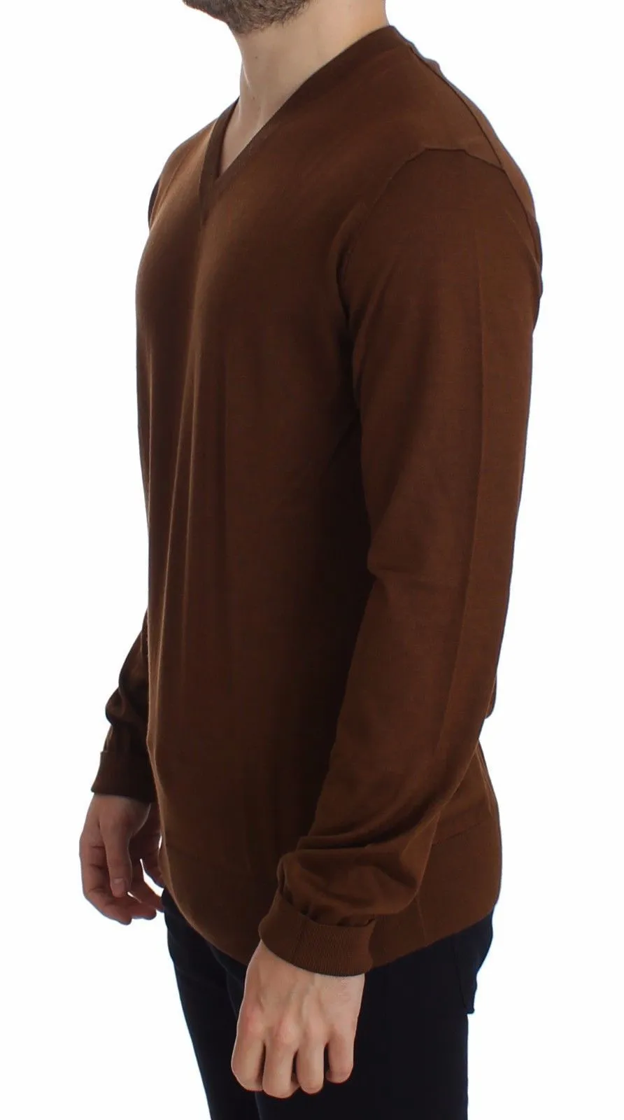 Brown Silk Cashmere V-neck Sweater Pullover Top