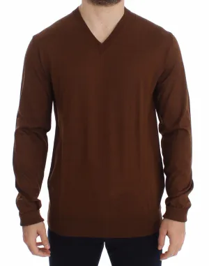 Brown Silk Cashmere V-neck Sweater Pullover Top