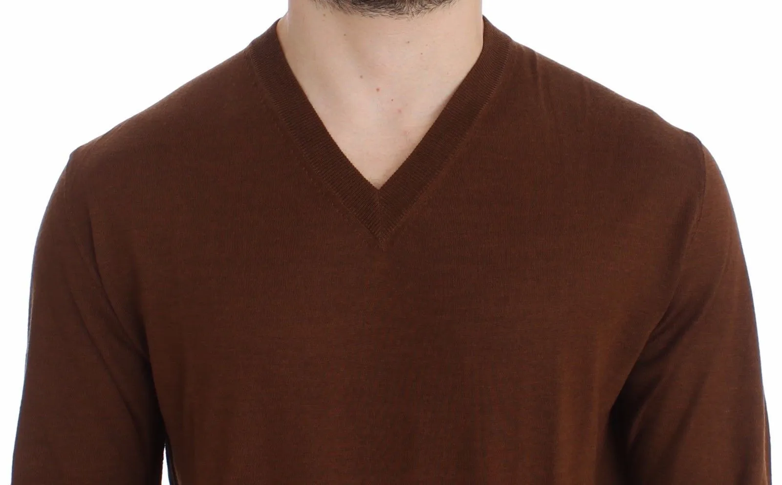 Brown Silk Cashmere V-neck Sweater Pullover Top