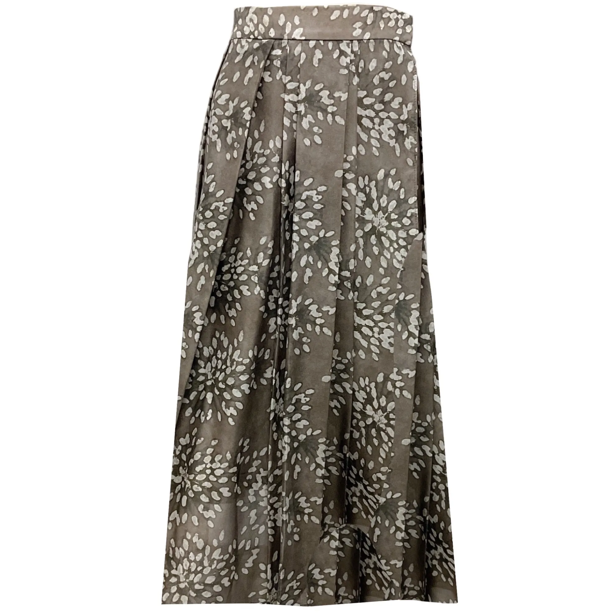 Brunello Cucinelli Taupe Printed Silk Midi Skirt