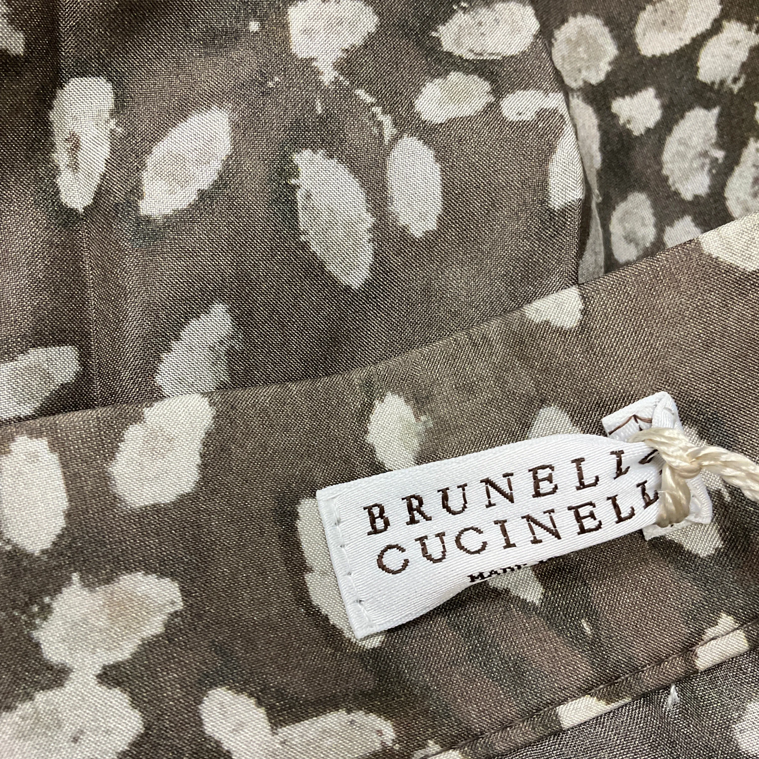 Brunello Cucinelli Taupe Printed Silk Midi Skirt