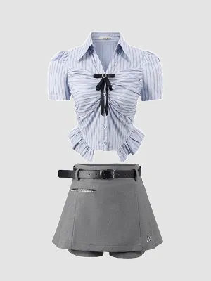 Bubble Sleeve Plaid Shirt Top   Fake Two Piece Shorts Set