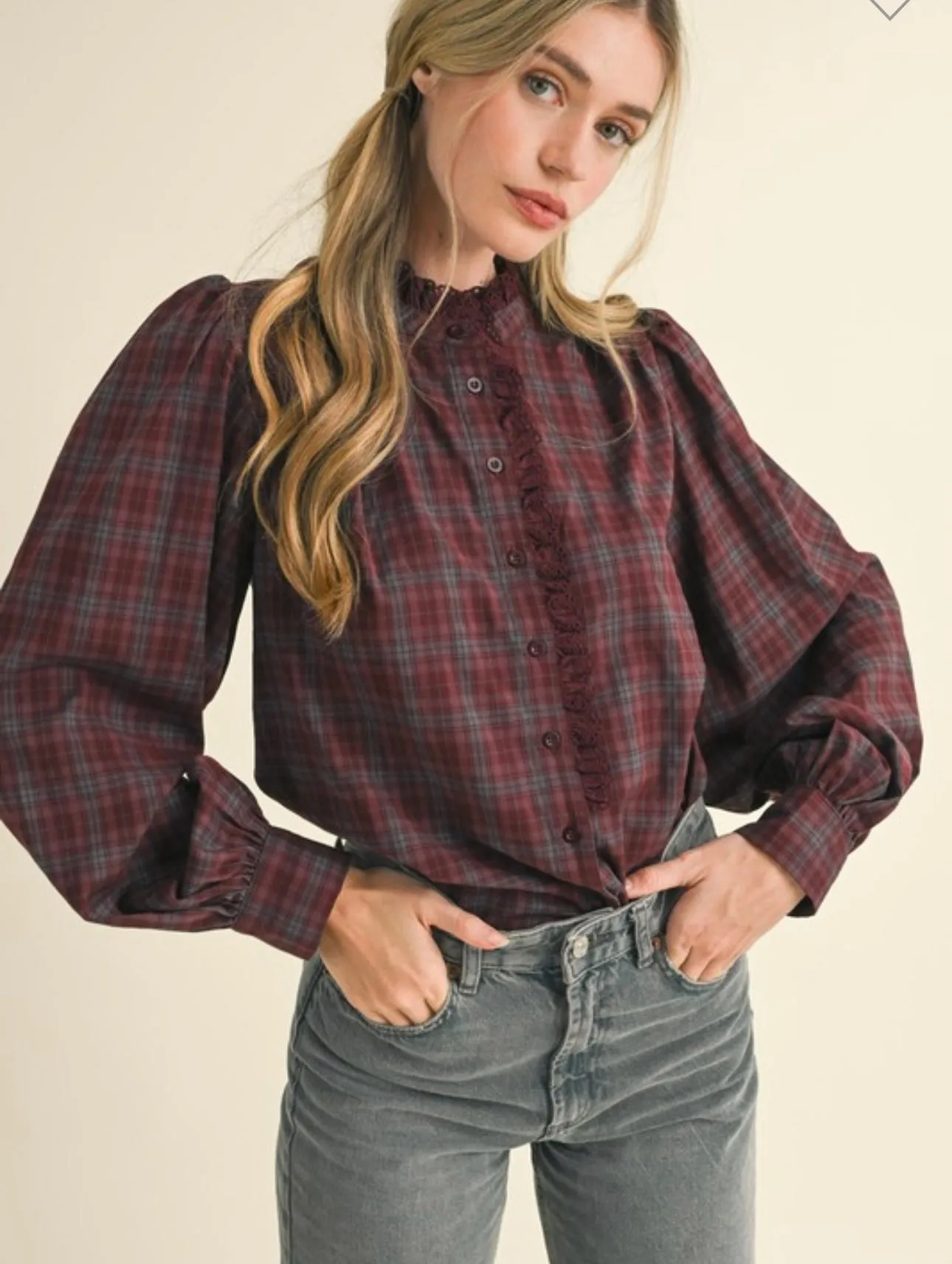 Burgundy Plaid Ruffle Shirt