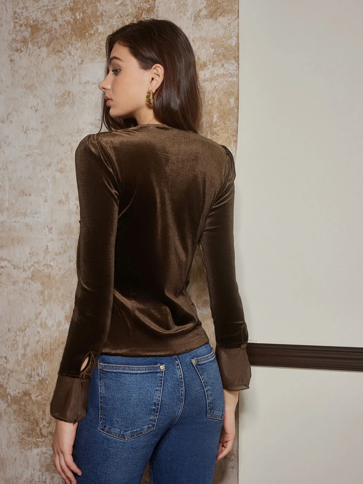 Button Down Velvet Slim Blouse