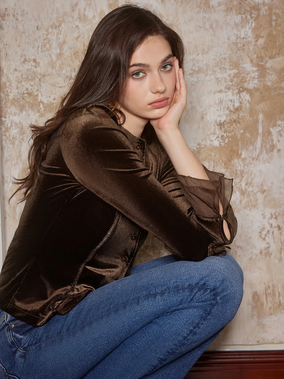 Button Down Velvet Slim Blouse