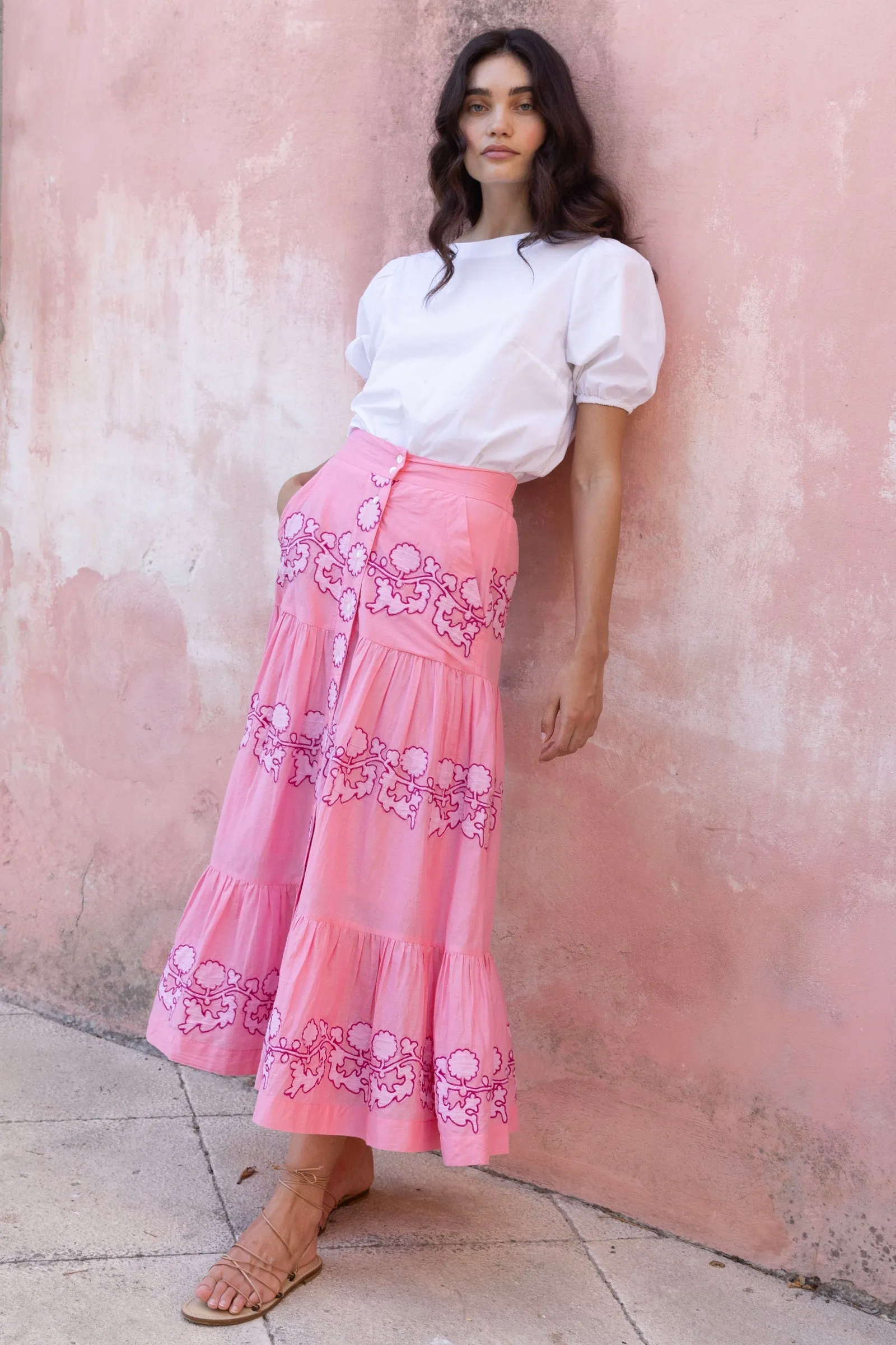 Button Front Skirt in Pink Tangier by OIiphant