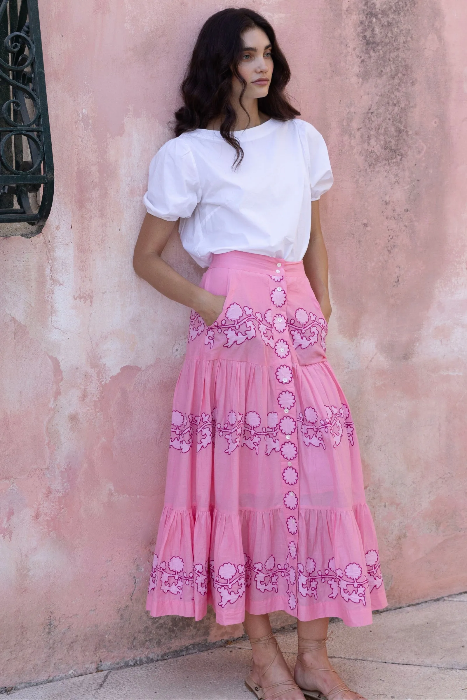 Button Front Skirt in Pink Tangier by OIiphant