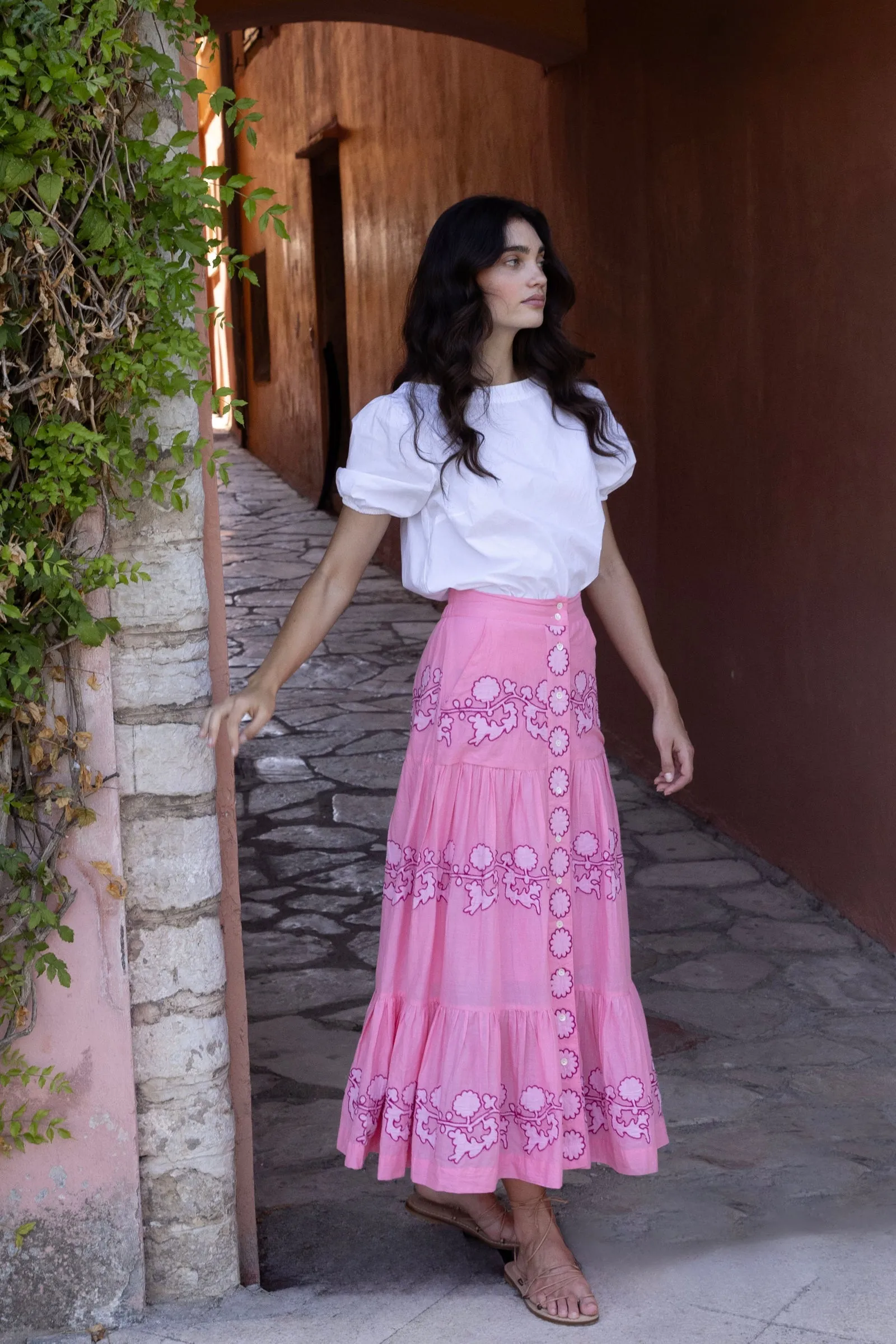 Button Front Skirt in Pink Tangier by OIiphant