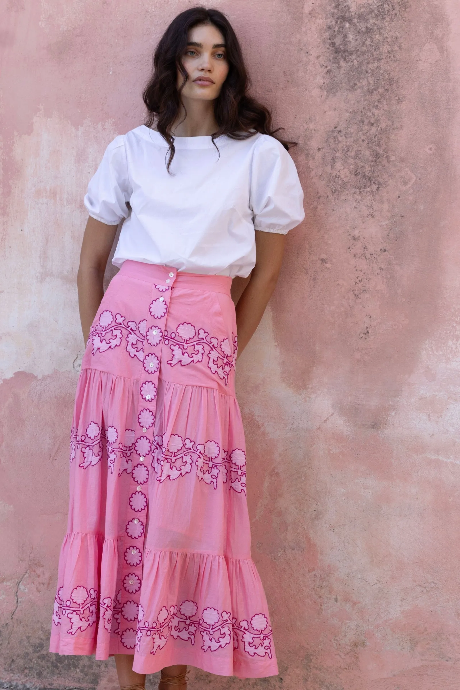 Button Front Skirt in Pink Tangier by OIiphant