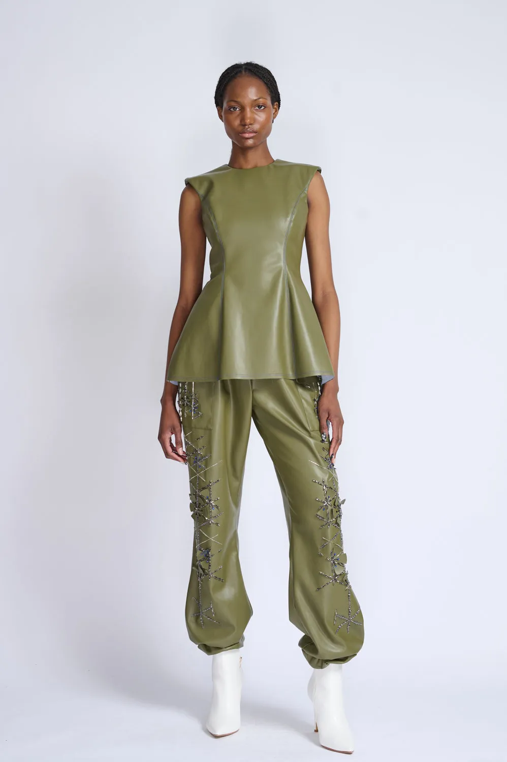Cactus Vegan Leather Jogger Pants with Crystal Lattice Embroidery