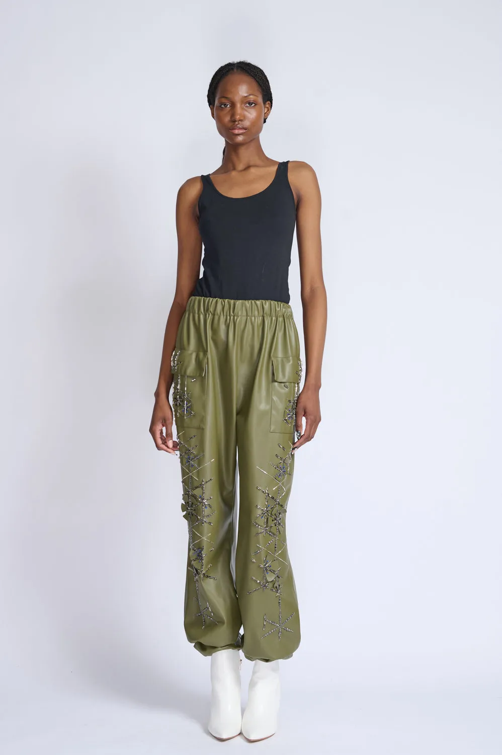 Cactus Vegan Leather Jogger Pants with Crystal Lattice Embroidery