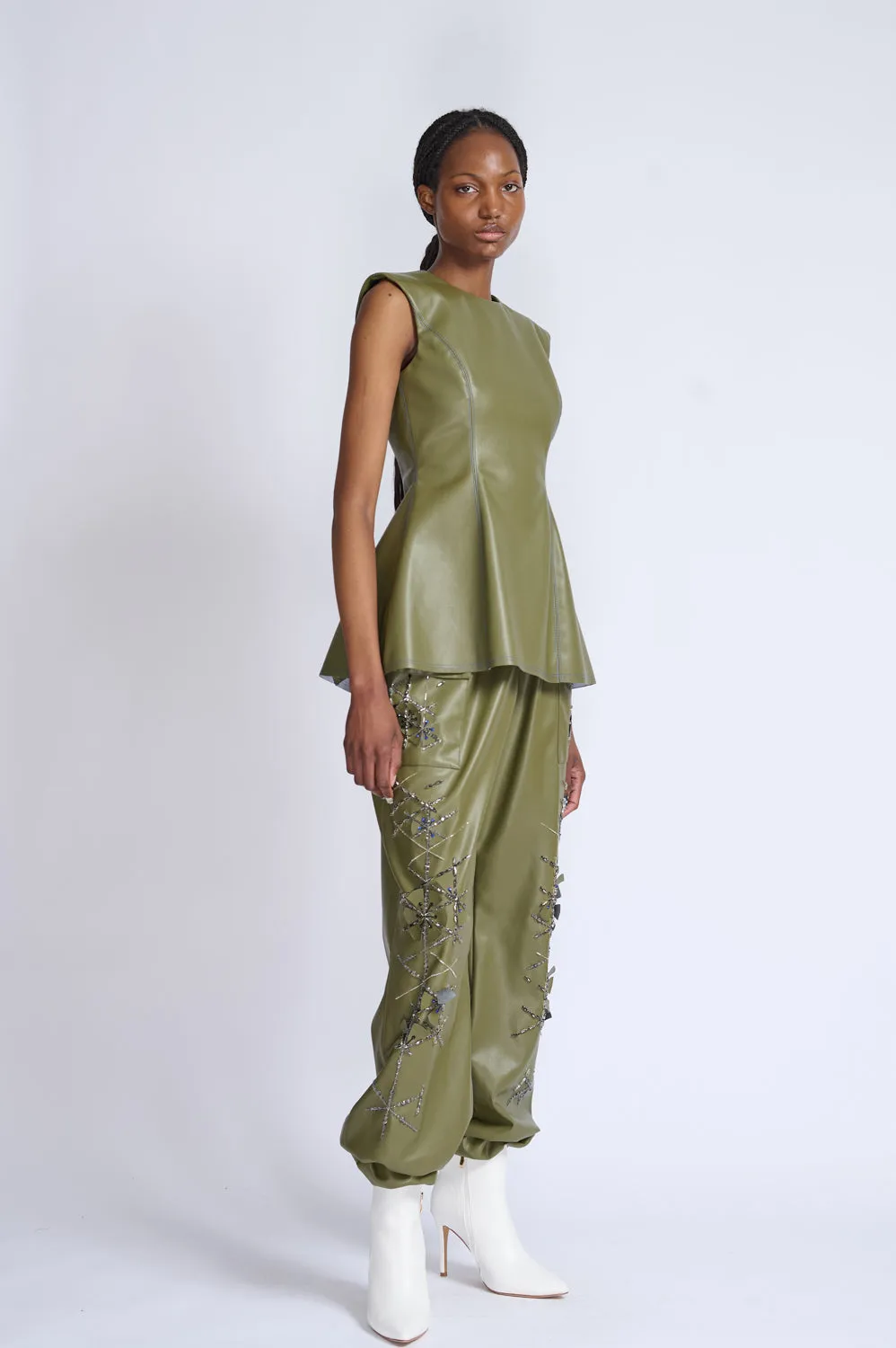 Cactus Vegan Leather Jogger Pants with Crystal Lattice Embroidery