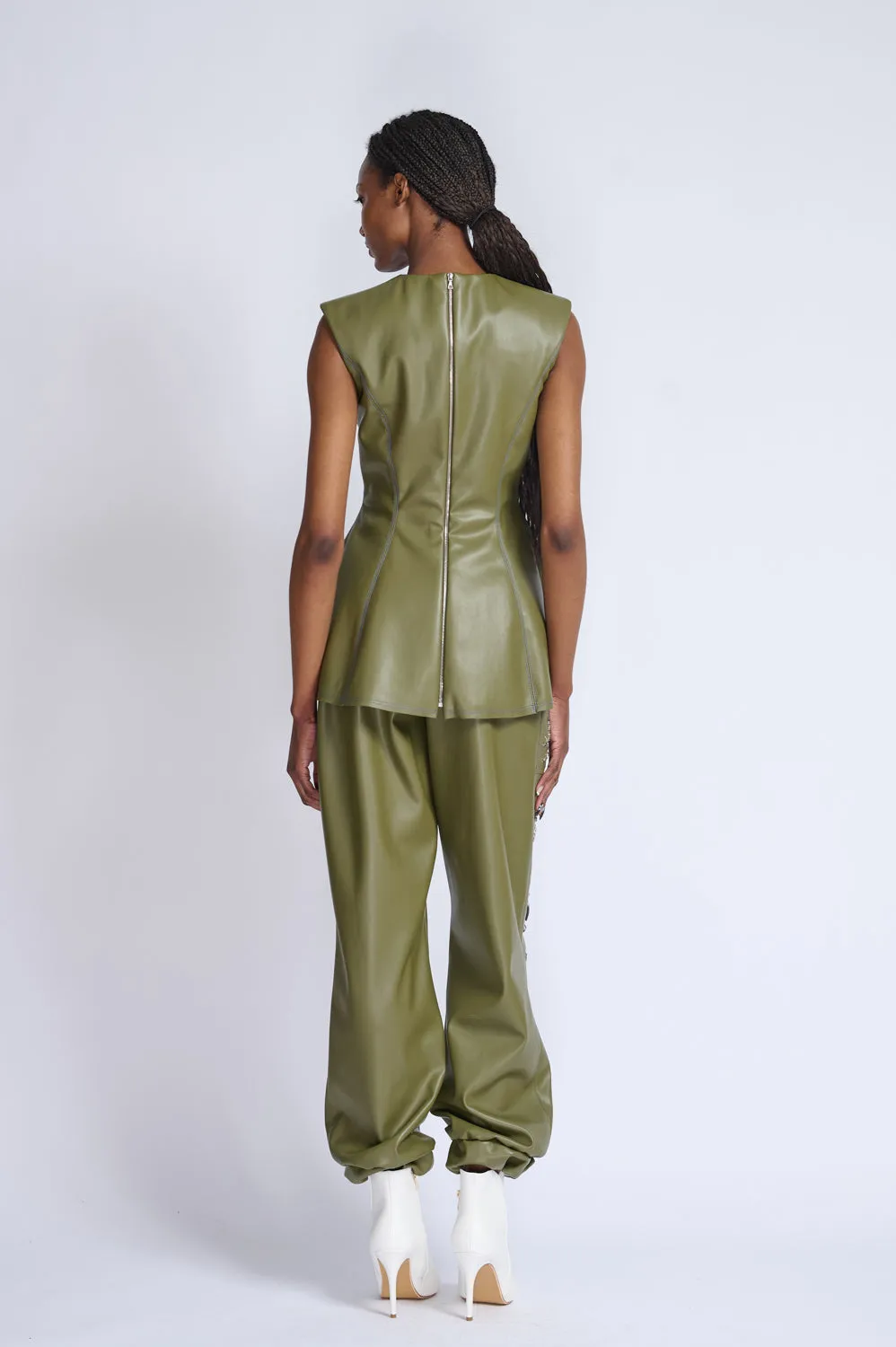 Cactus Vegan Leather Jogger Pants with Crystal Lattice Embroidery
