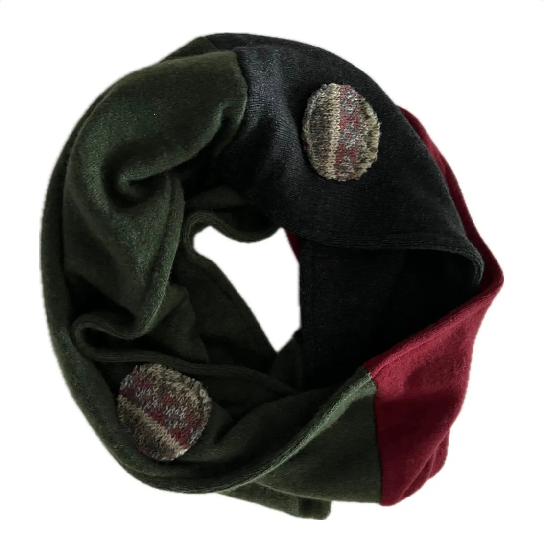 Cashmere Circle Scarf Green, Charcoal & Red with Dots 232
