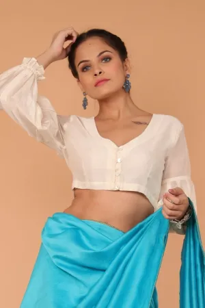 Chanderi Hand Loom Silk Blouse with Balloon Sleeves in Ivory