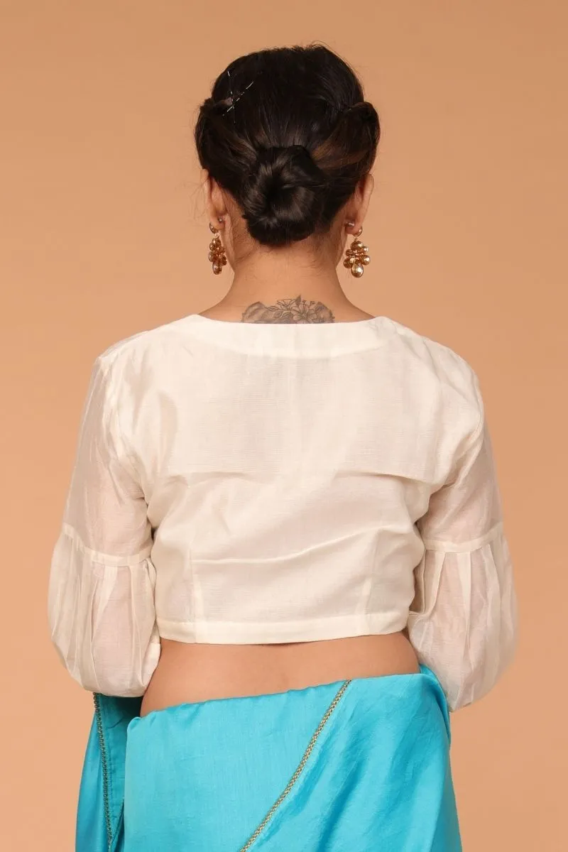 Chanderi Hand Loom Silk Blouse with Balloon Sleeves in Ivory