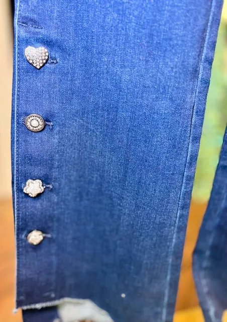 CharlieB Women's Bootcut Jeans with Gem Buttons | Blue Black |