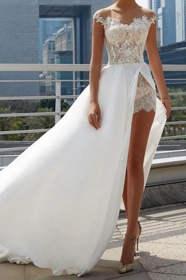 Cheap Off the Shoulder See Through Wedding Dresses Side Slit A-line Bridal Dresses,MW493
