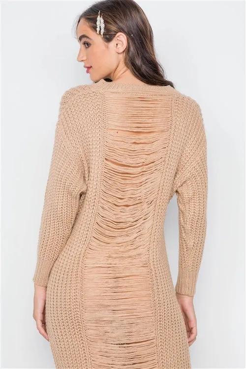 Chunky Distressed Midi Sweater Dress | Khaki