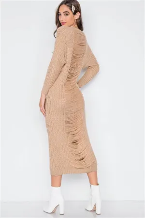 Chunky Distressed Midi Sweater Dress | Khaki