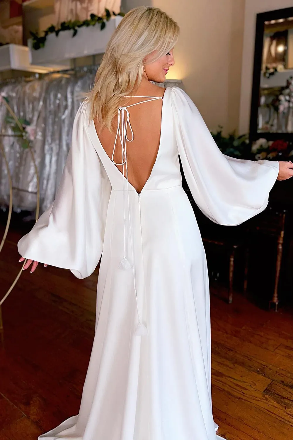 Clover | White Satin Simple A-Line Long Wedding Dress with Slit