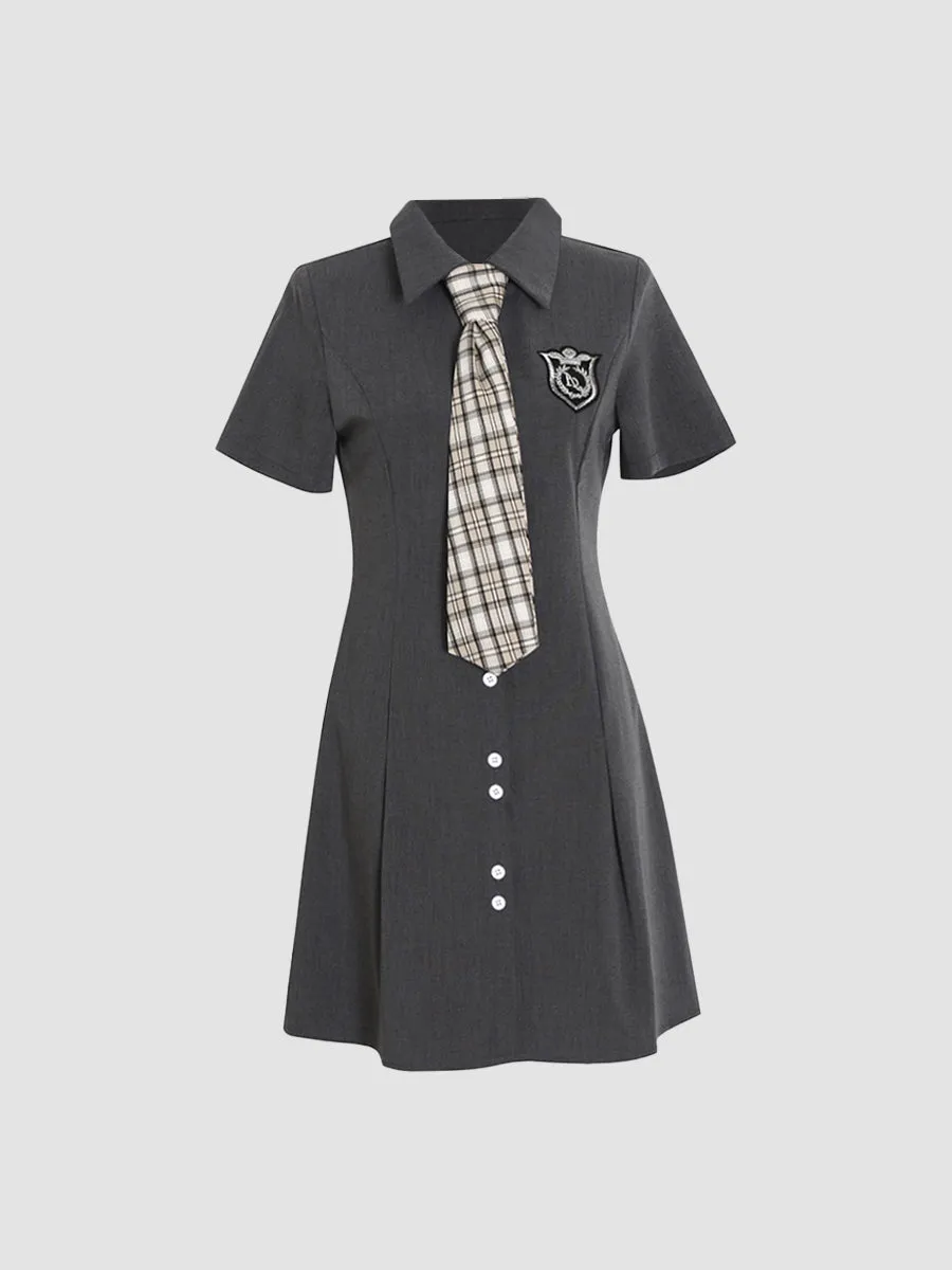 College Jk Shirt Embroidered Badge Gray Dress Bow Tie