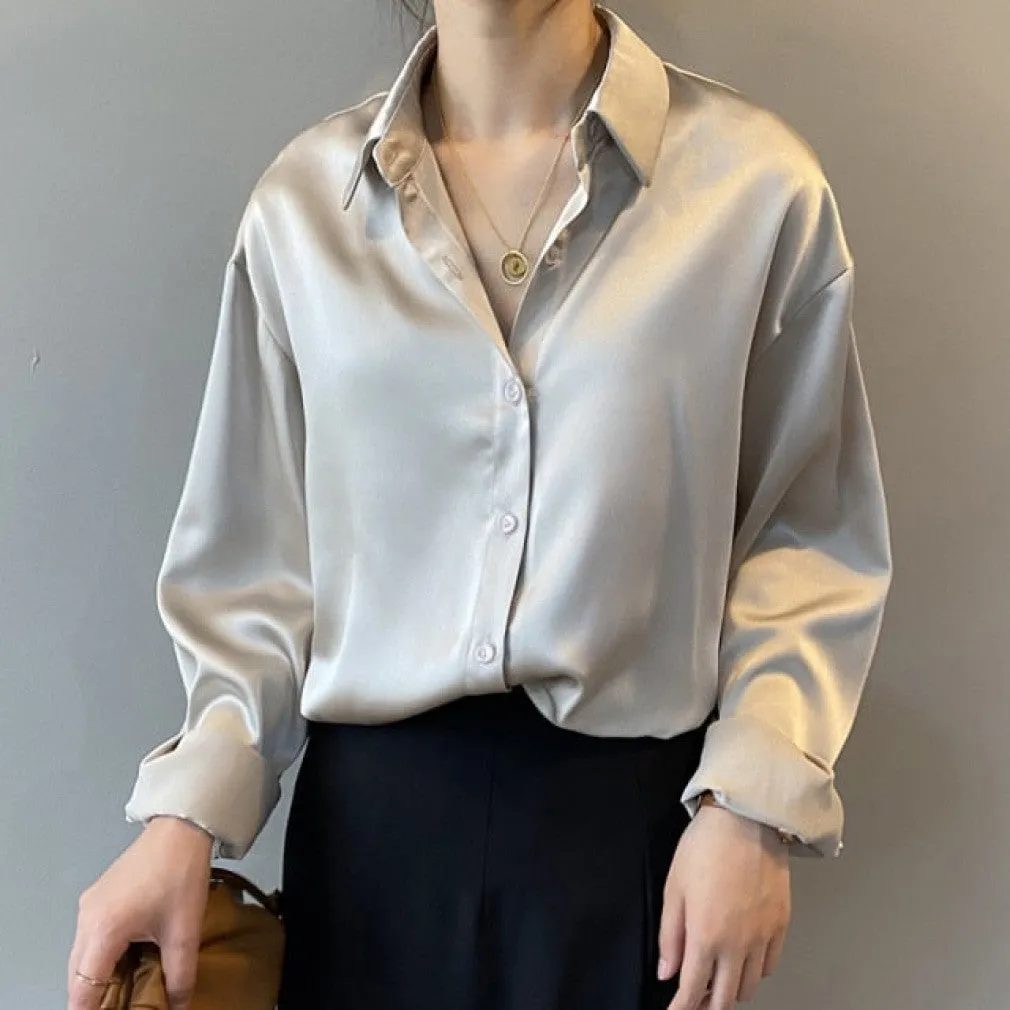 ContiNent 33 Autumn Fashion Button Up Satin Silk Shirt Vintage Blouse Women White Lady Long Sleeves Female Loose Street Shirts