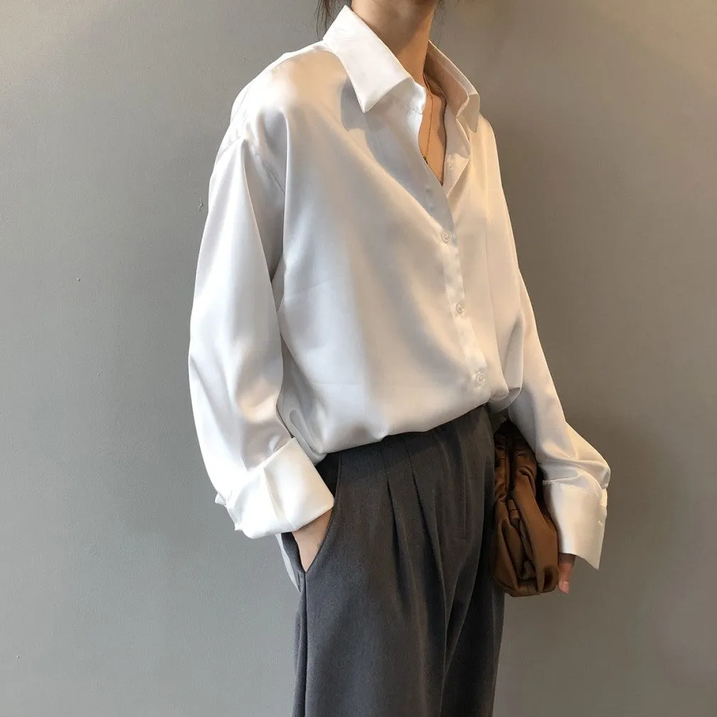ContiNent 33 Autumn Fashion Button Up Satin Silk Shirt Vintage Blouse Women White Lady Long Sleeves Female Loose Street Shirts
