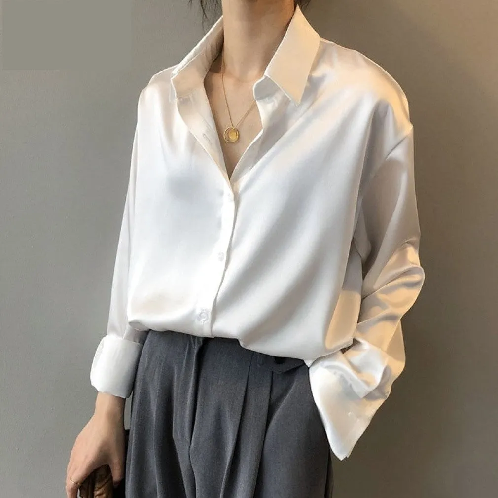 ContiNent 33 Autumn Fashion Button Up Satin Silk Shirt Vintage Blouse Women White Lady Long Sleeves Female Loose Street Shirts