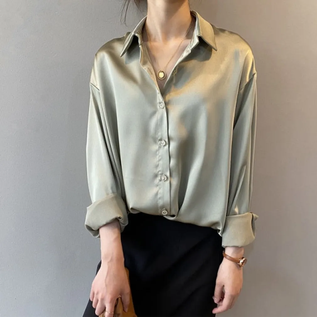 ContiNent 33 Autumn Fashion Button Up Satin Silk Shirt Vintage Blouse Women White Lady Long Sleeves Female Loose Street Shirts