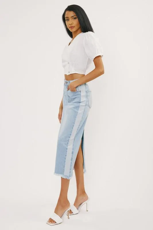 Contrast Wash Denim Midi Skirt