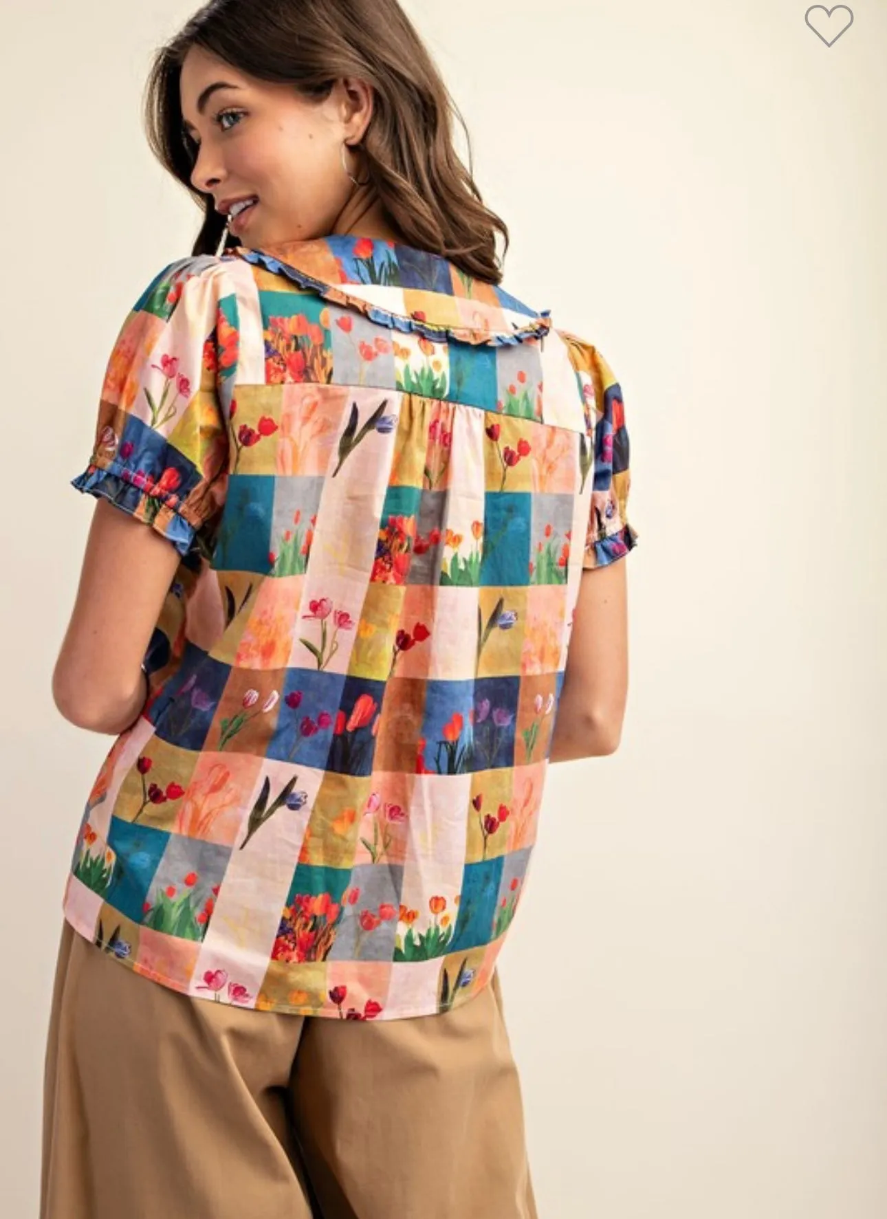 Coral & Blue Cotton Collared Top