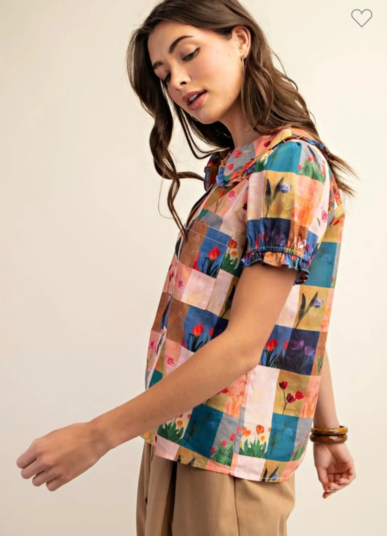 Coral & Blue Cotton Collared Top