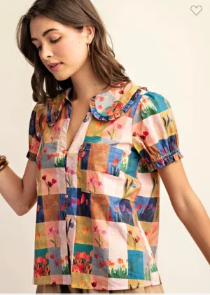 Coral & Blue Cotton Collared Top