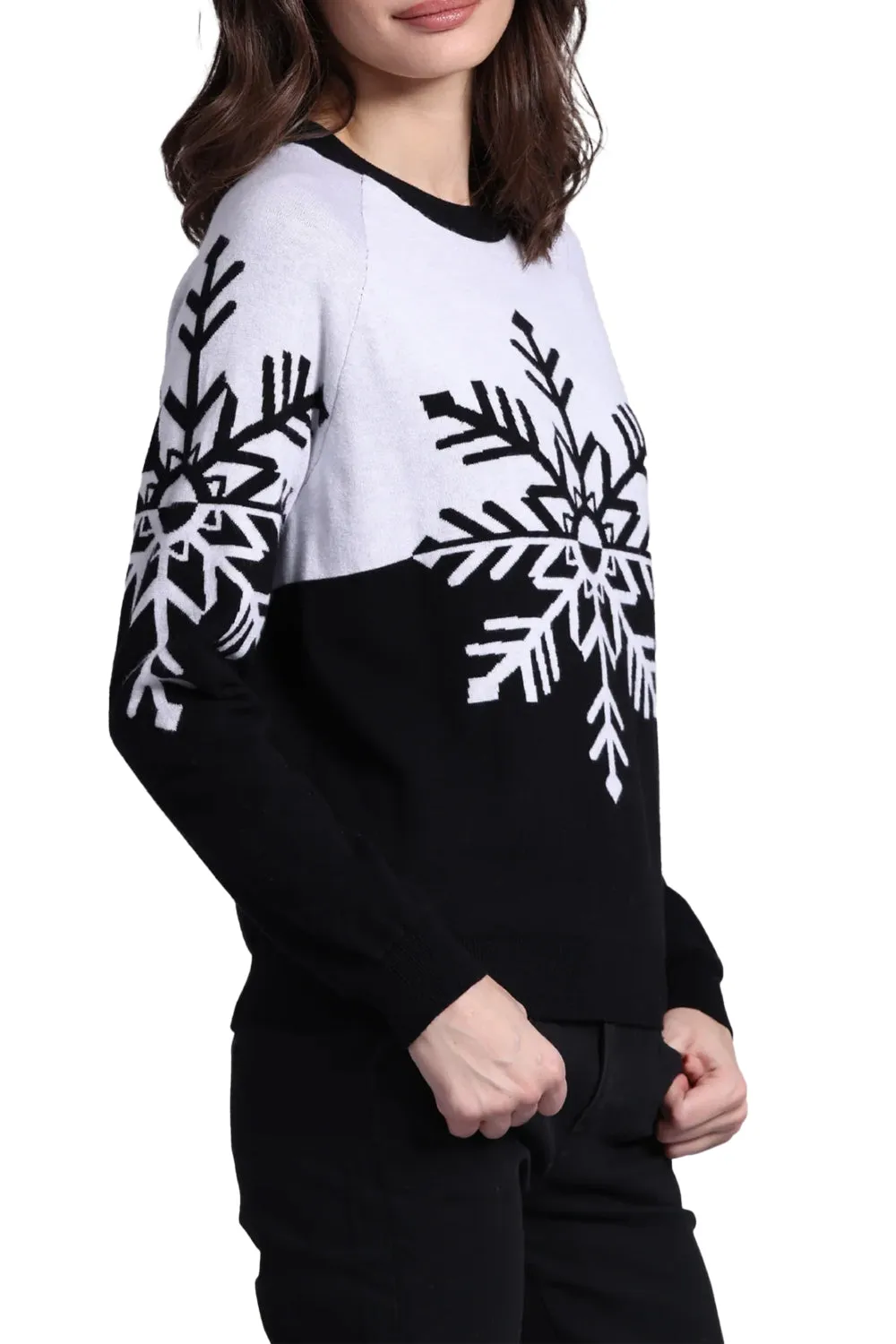Cotton Cashmere Snowflake Reversible Pullover in Black White