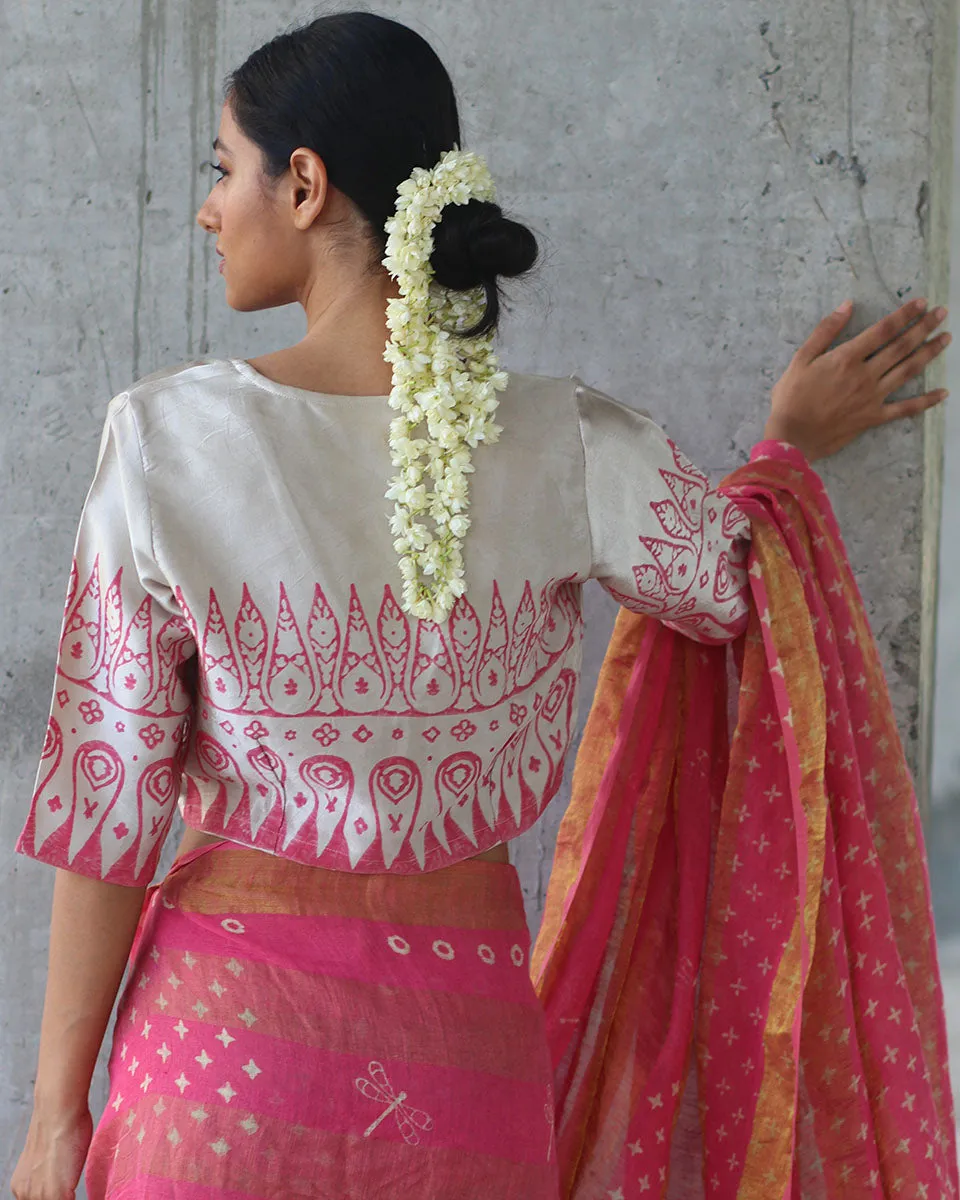 Cream Pink Blockprinted Mashru Silk Blouse-Manjari